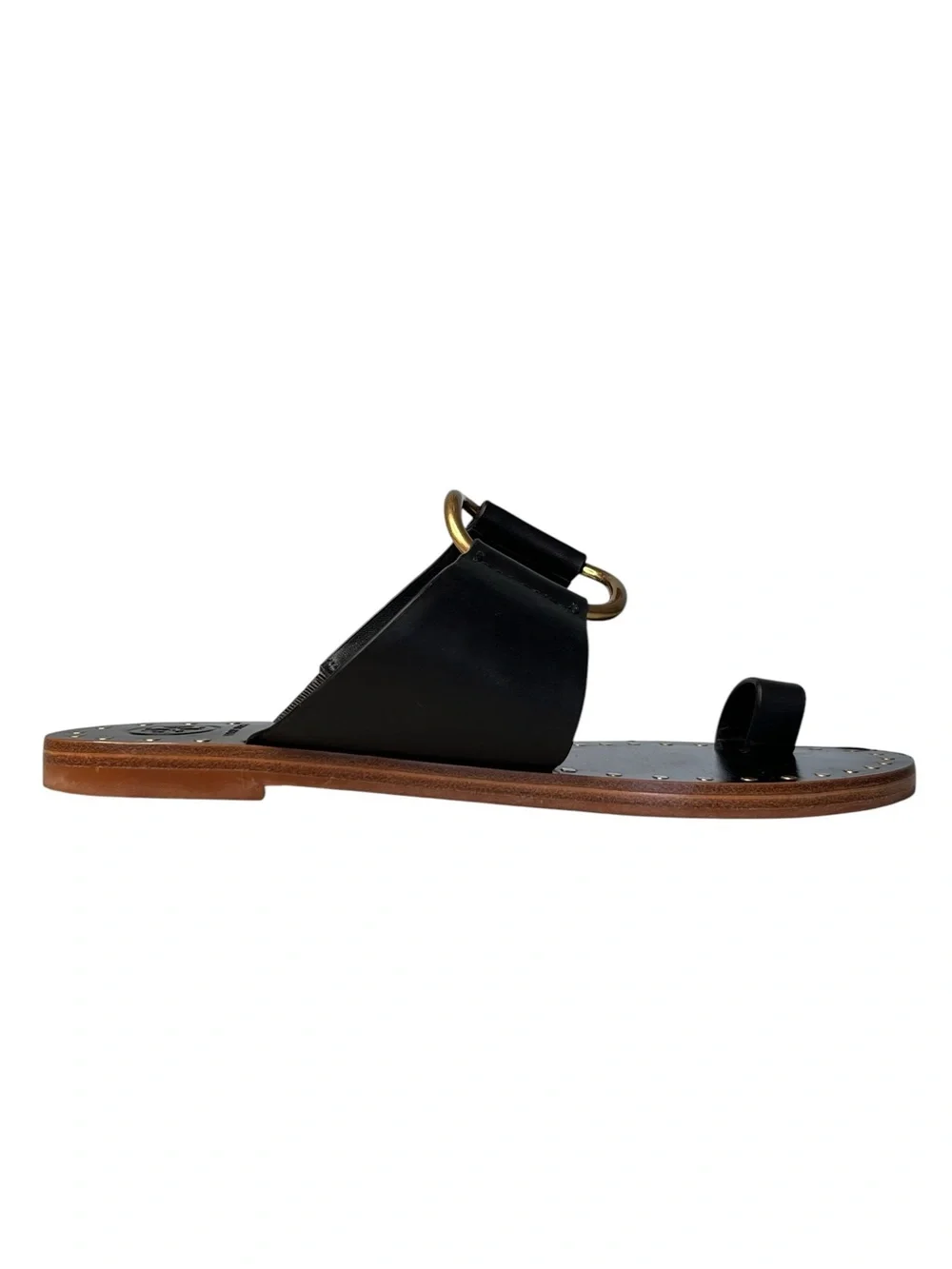Tory Burch Ravello Black Leather Toe Ring Gold-Tone Studded Sandals Sz 8
